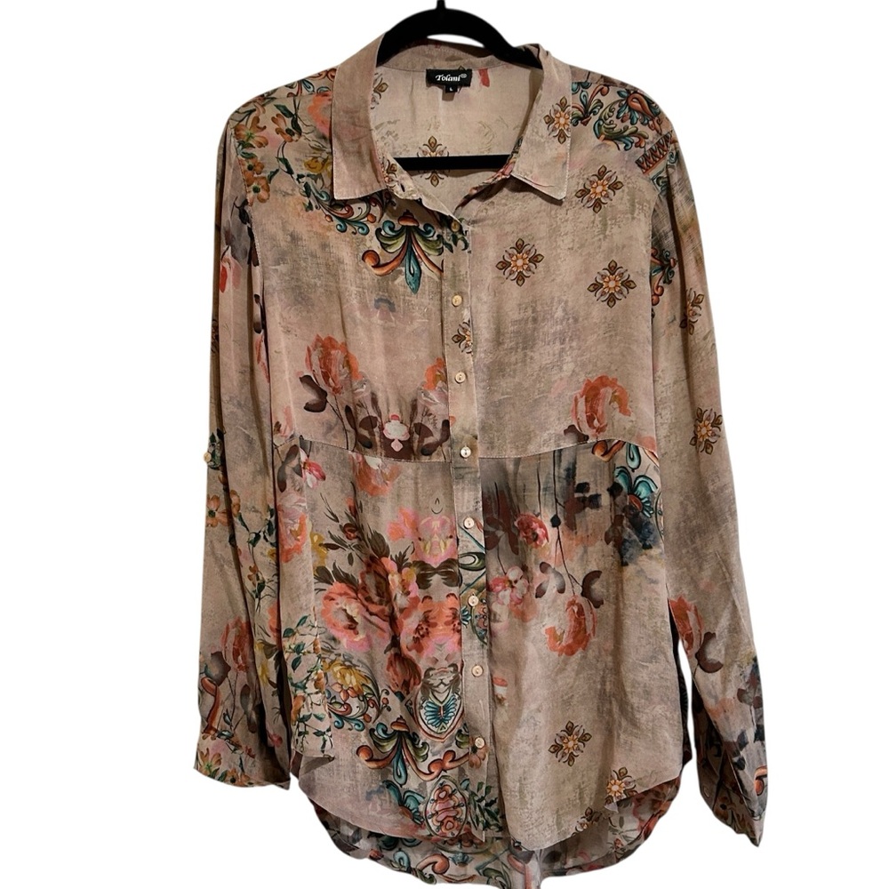 Tolani Beige Floral Button Down Shirt